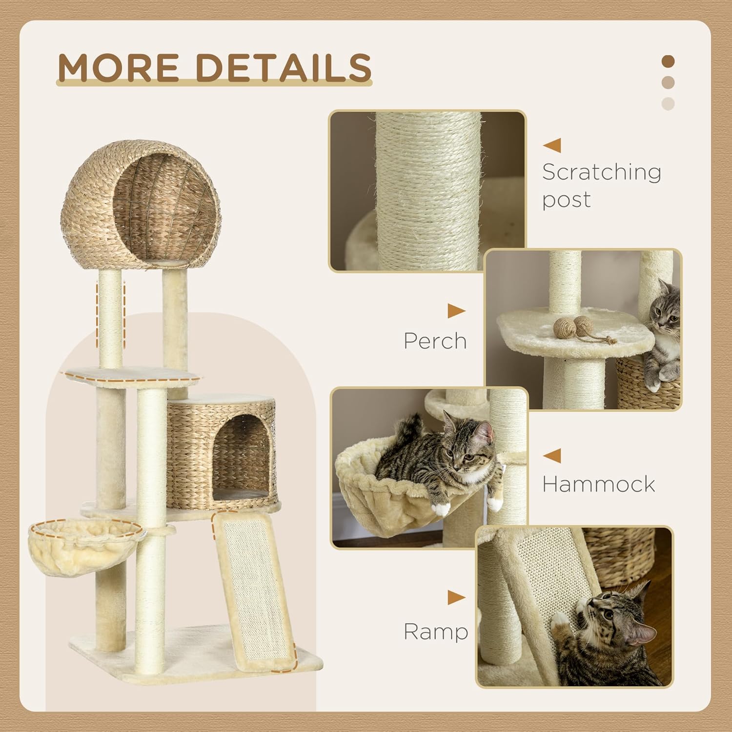 PawHut 59 Inch Cat Tree for Indoor Cats, Cat Tower with Cat Condo, Hammock, Perches, Scratching Posts, Ramp for Large Cats, Beige