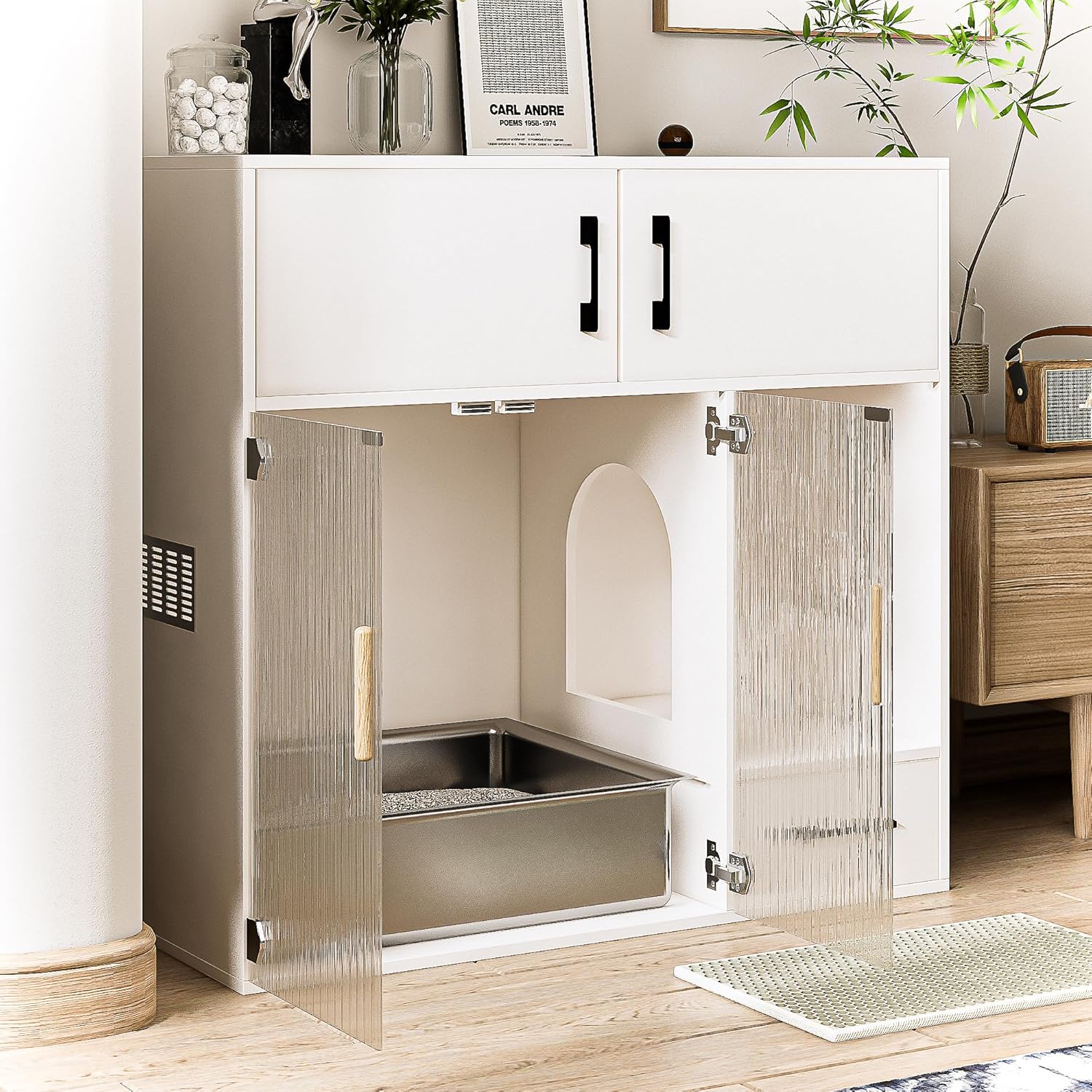 Cat Litter Box Enclosure Furniture Style White Cat Cabinet Side Table with Storage Space for Living Room, 37.4'' x 19.7'' x 35.4''