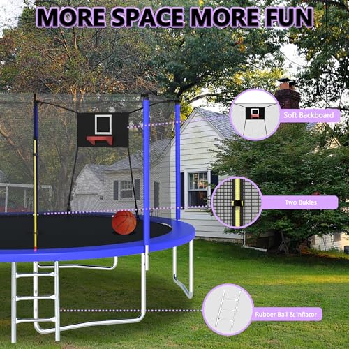 12FT 14FT 15FT 16FT Trampoline for Adults & Kids with Basketball Hoop, Outdoor Trampolines with Ladder and Safety Enclosure Net for Kids and Adults
