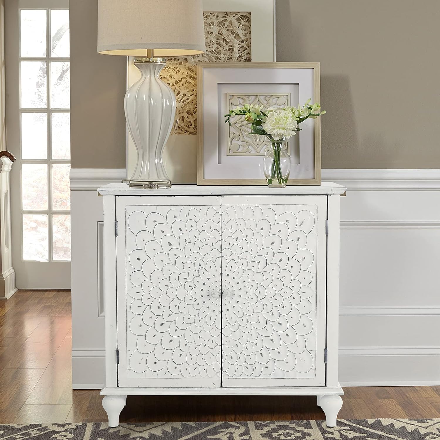 MAISON ARTS White Accent Storage Cabinet with 2 Doors for Living Room Bedroom Buffet & Sideboard Decorative Distressed Cabinet Farmhouse Kitchen China Cabinet with Carved Pattern Doors, Carved Floral