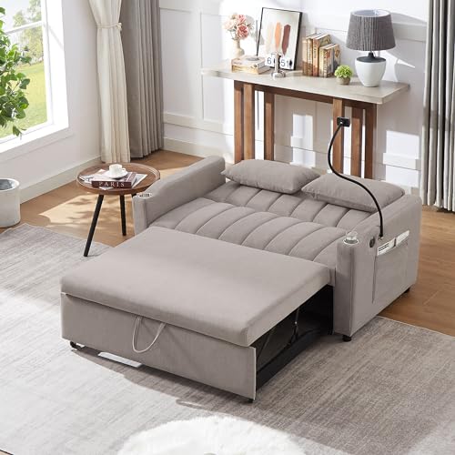 XD Designs 3 in 1 Convertible Single Sofa, Pull Out Sofa Bed Lounger Chair with Pillow and Adjust Backrest, Multi-Function Sleeper Chair Bed for Living Room or Apartment (Beige-3)