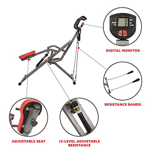 Sunny Health & Fitness Row-N-Ride PRO, Full Body Combo Squat Machine w/Optional Resistance Band, Easy Setup Ab Workout Exercise Equipment for Home, Whole Body Cardio, Optional SunnyFit App Connection