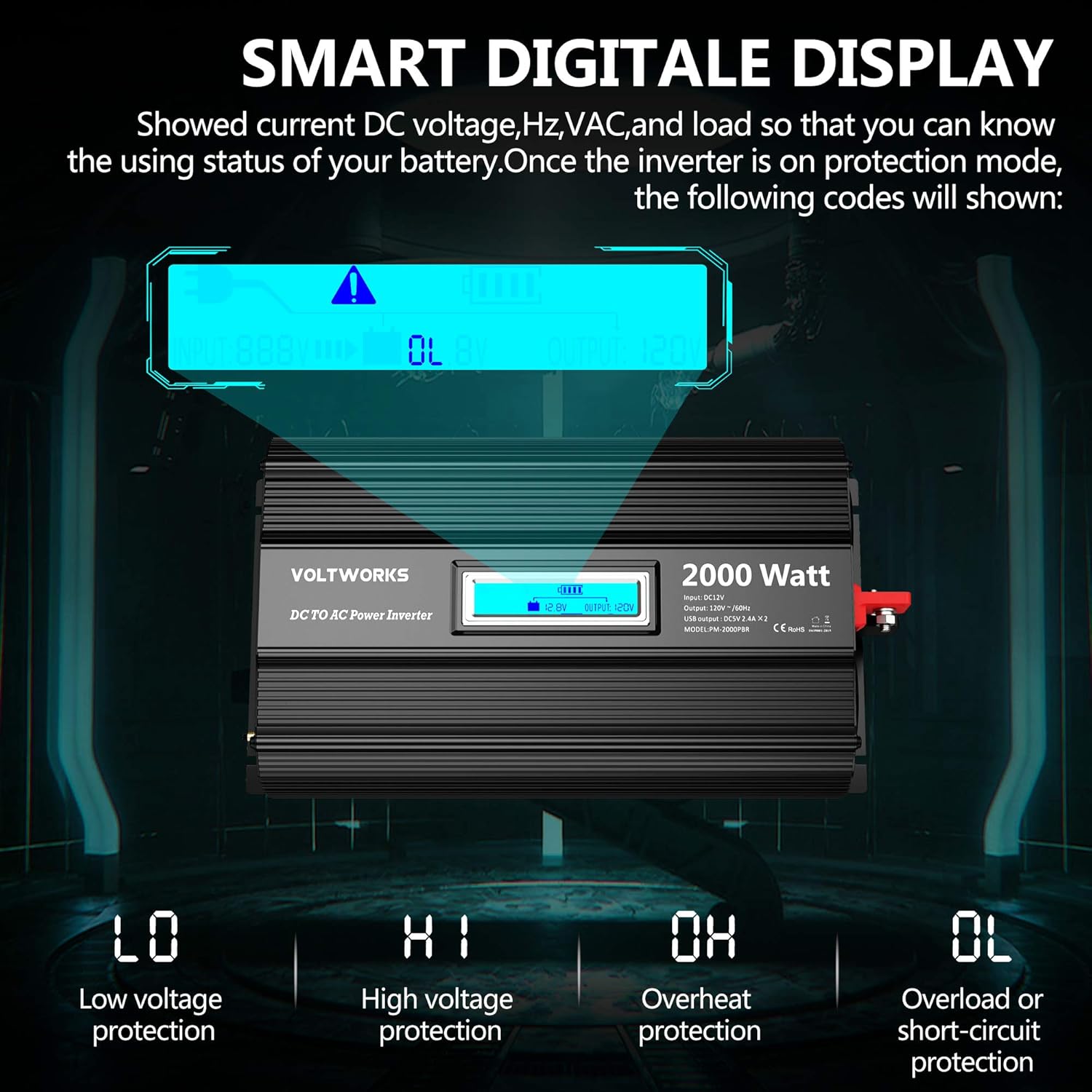 Power Inverter 2000w DC 12V to AC 120V Modified Sine Wave Inverter 2000 watt with LCD Display Remote Control and 3AC Outlets Dual 2.4A USB Ports for Car RV Truck Boat[3 Years Warranty] by VOLTWORKS