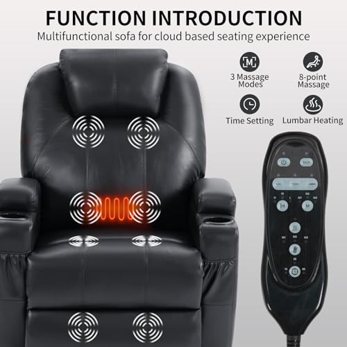 Power Lift Recliner Chair, PU Leather Recliner Massage Chair,Electric Power Recliner for Elderly with Heat,8 Vibrating nodes,3 Massage Modes,USB Type A Type C Ports, Cup Holders,Black
