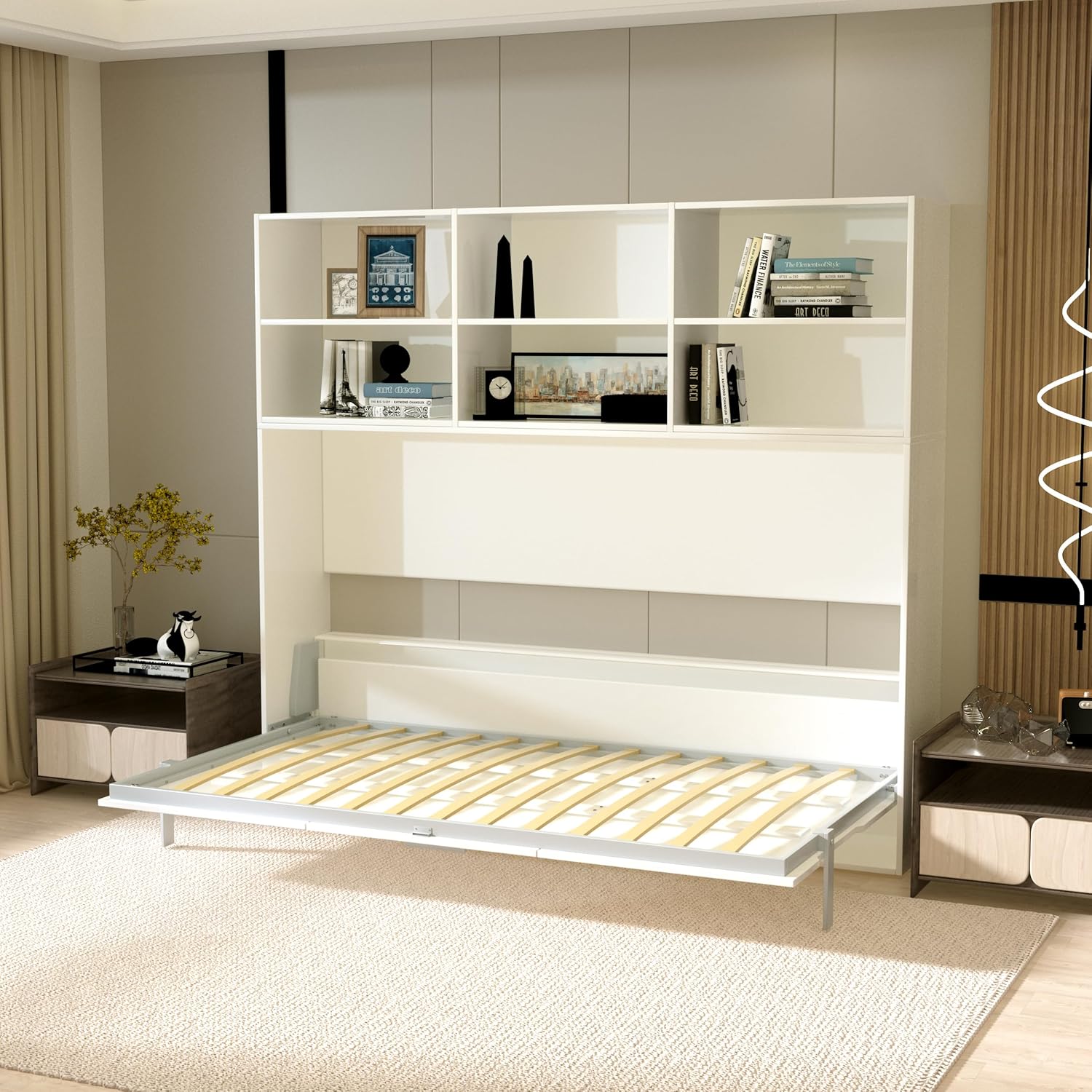 Twin Size Murphy Bed, Modern American Wall Bedframe with Six Storage Shelf, Flexible Slats Support & Space-Saving Design, Gas Struts, Cube Beds for Guest Room/Office, White