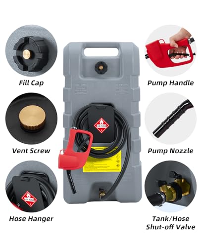 15 Gallon Fuel Caddy, Portable Gas Tank with Fluid Transfer Siphon Pump and 10-Foot Long Hose, Diesel Fuel Tank Gasoline Can with Manual Transfer Nozzle, 7.5 L/min, Grey