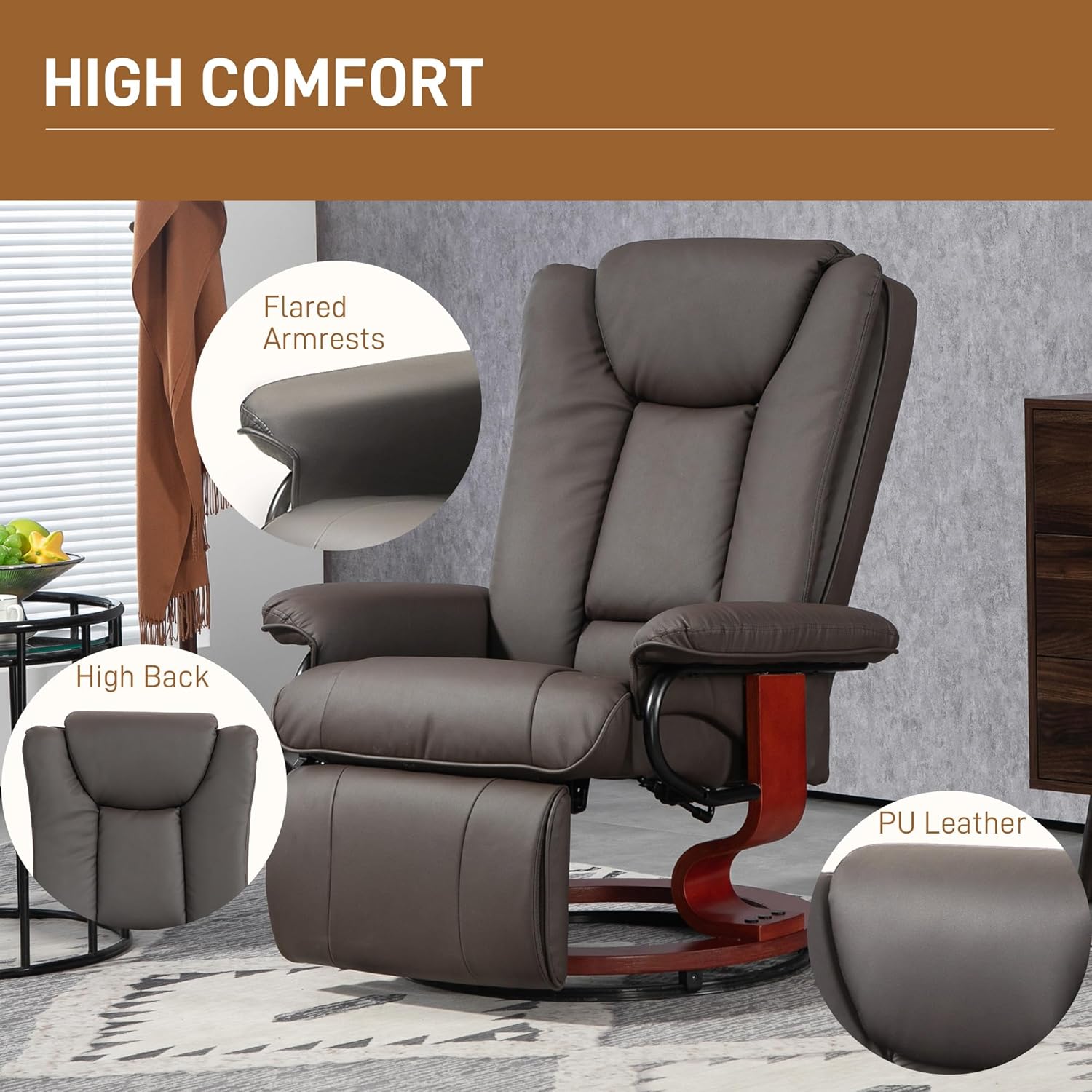 HOMCOM Manual Swivel Recliner Chair, PU Leather Reclining Chair with Footrest for Living Room, Brown