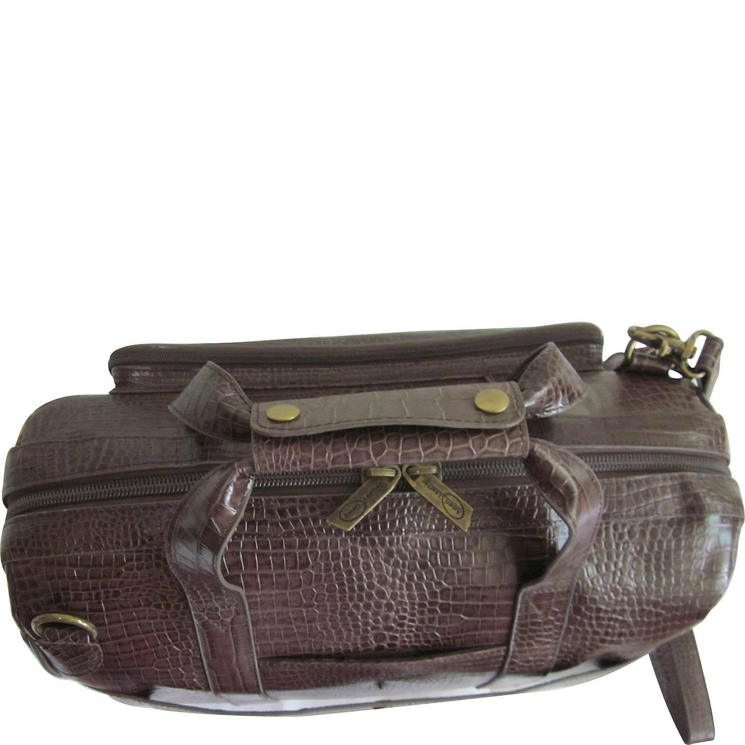 Amerileather Croco-Print 16 inch Leather Carry-On Weekend Duffel, Brown
