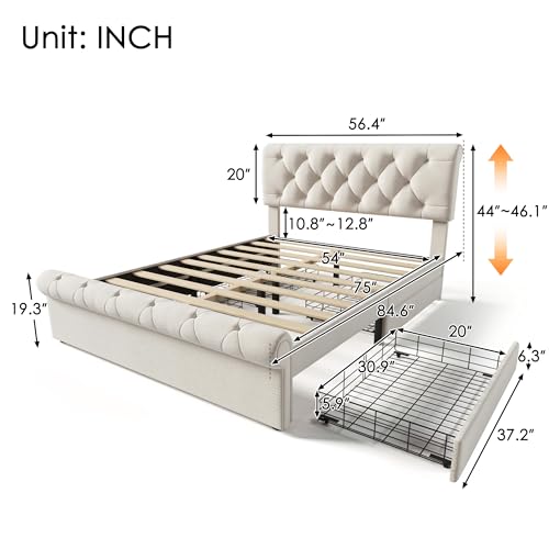 Bellemave Full Size Upholstered Bed Frame with 4 Drawers and Adjustable Headboard, Linen Platform Bed with Mattress Foundation Strong Wooden Slats Support, No Box Spring Needed, Beige