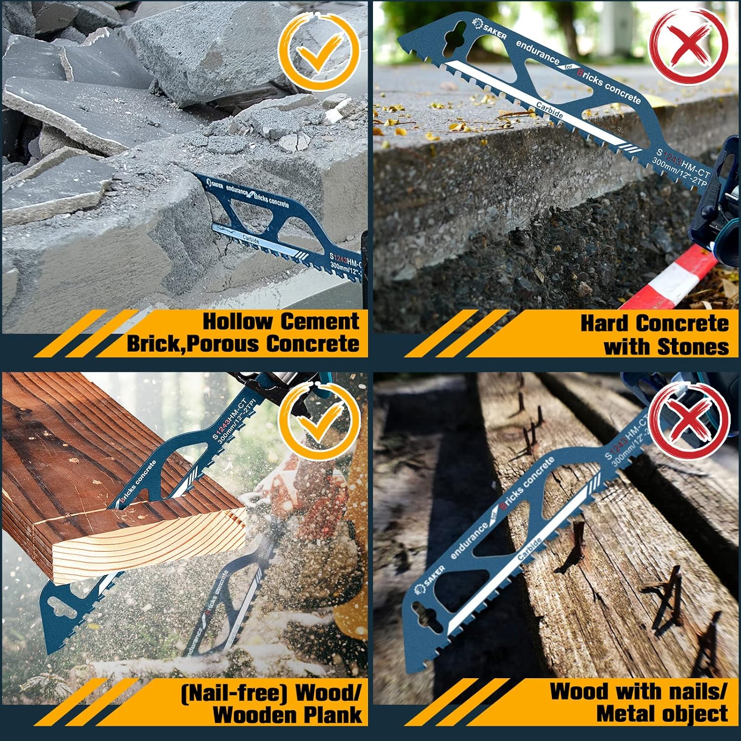 Saker Saw Blade-Demolition Masonry Reciprocating Hard Alloy Saw Blades for Cutting Wood,Porous Concrete,Brick 12”/300mm Pack of 2