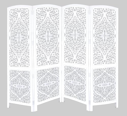 Room Divider Wood Screen - Ghanti Bells Antique Brown - 4 Panel Folding 72 x 80 - Assembled Hand Carved Decorative Functional Versatile Portable Partition Reversible Privacy Boho - COTTON CRAFT