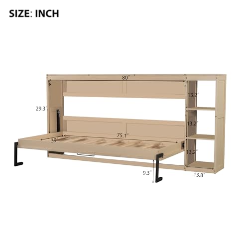 Wooden Murphy Cabinet Bed Frame with Charging Station, Full-Size Foldable Wall Bed with Large Storage Drawer for Home Apartment Limited Living Places, Space-Saving Hidden Bed No Box Spring Needed