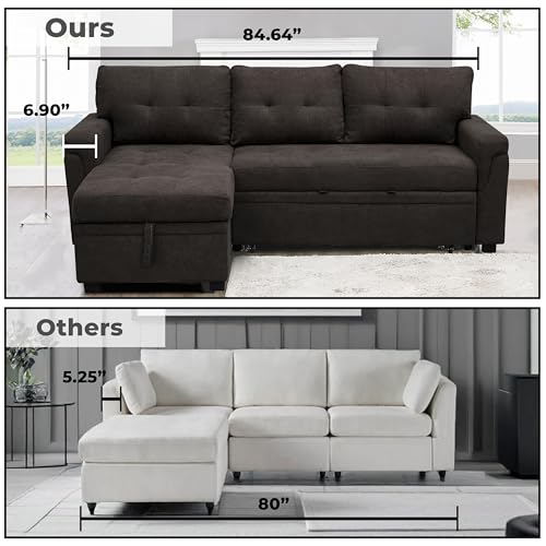Naomi Home Jenny Sectional Sofa Sleeper with Storage Chaise, Tufted Pull Out Couch with Storage, L-Shaped Reversible Sleeper Sofa with Storage, Black,Air Leather