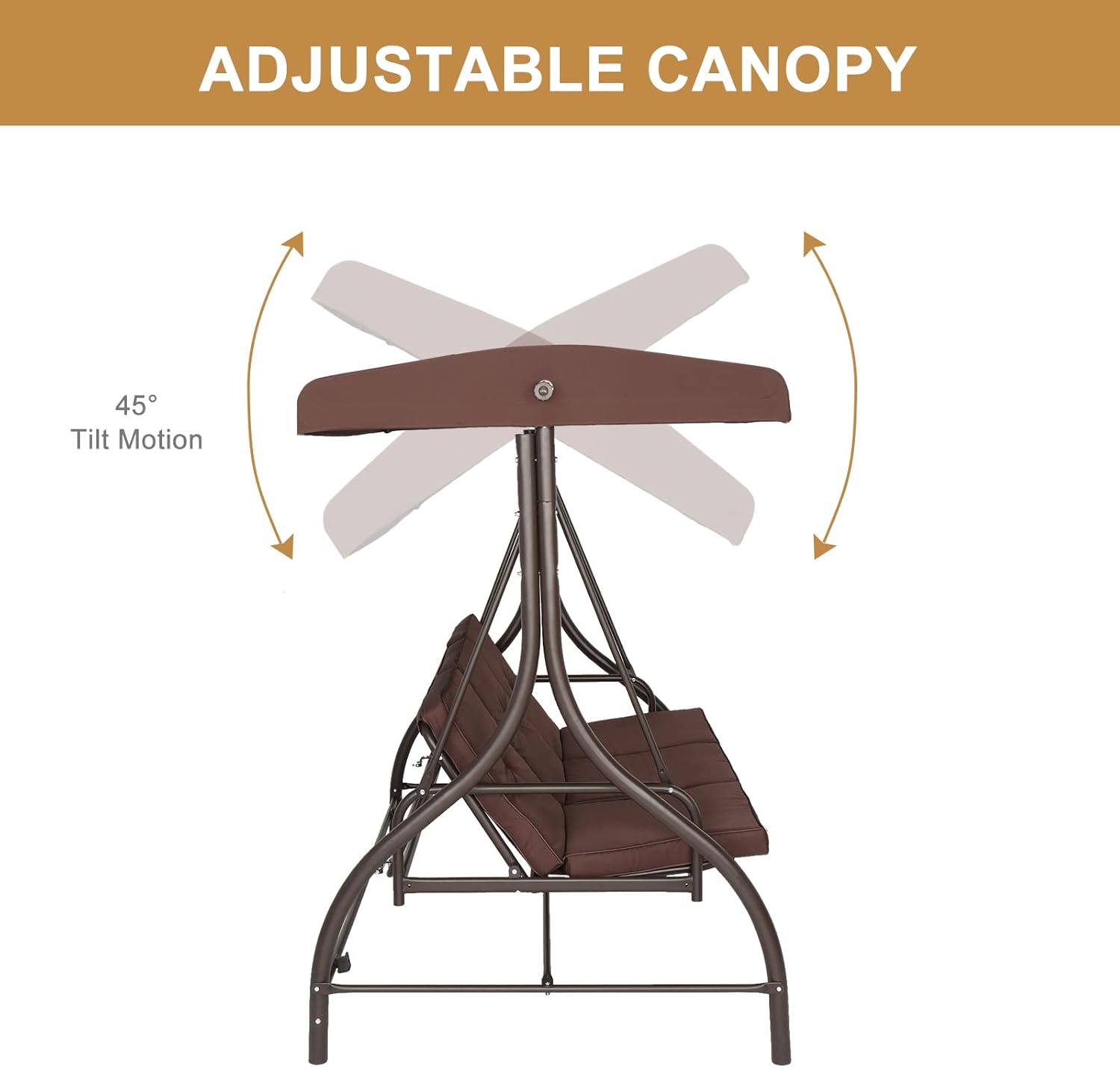 NA Steel Swing Load Bearing 551-pound,Porch Swing Outdoor Patio Swing Seat with Comfortable Cushion and Adjustable Waterproof Canopy Swing Chair,Garden 3-Seater Brown, 74.8''*47.24''*68.9''