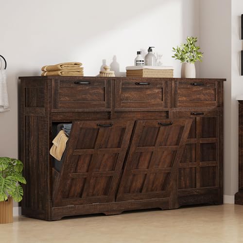 DWVO Double Trash Can Kitchen, Tilt Out Trash Can Cabinet with Drawers, Kitchen Island with Trash Can Storage, Hidden Trash Can Cabinet 20 Gallon, Laundry Hamper Cabinet, Brown Oak