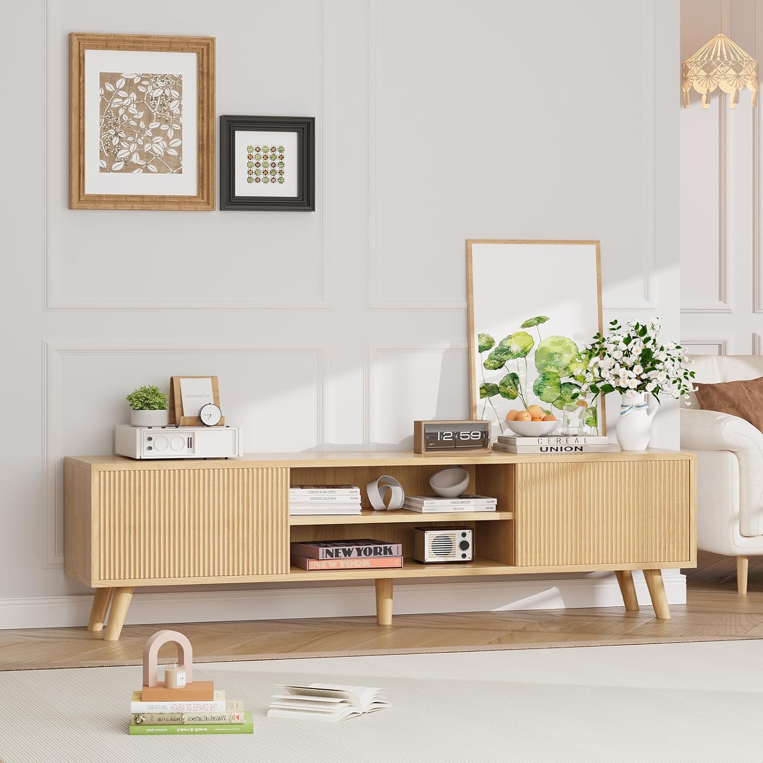 TV Stand for TVs Up to 75 Inches, Boho Entertainment Center Wood TV Stand with Fluted Sliding Doors & Shelves, TV Console Table Media Cabinet with Storage for Living Room Bedroom, Natural
