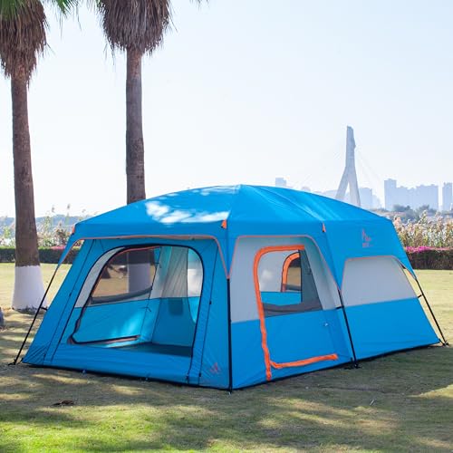 KTT Extra Large Tent 10-12-14 Person(Style-B),Family Cabin Tents,2 Rooms,3 Doors and 3 Windows with Mesh,Straight Wall,Waterproof,Double Layer,Big Tent for Outdoor,Picnic,Camping,Family Gathering