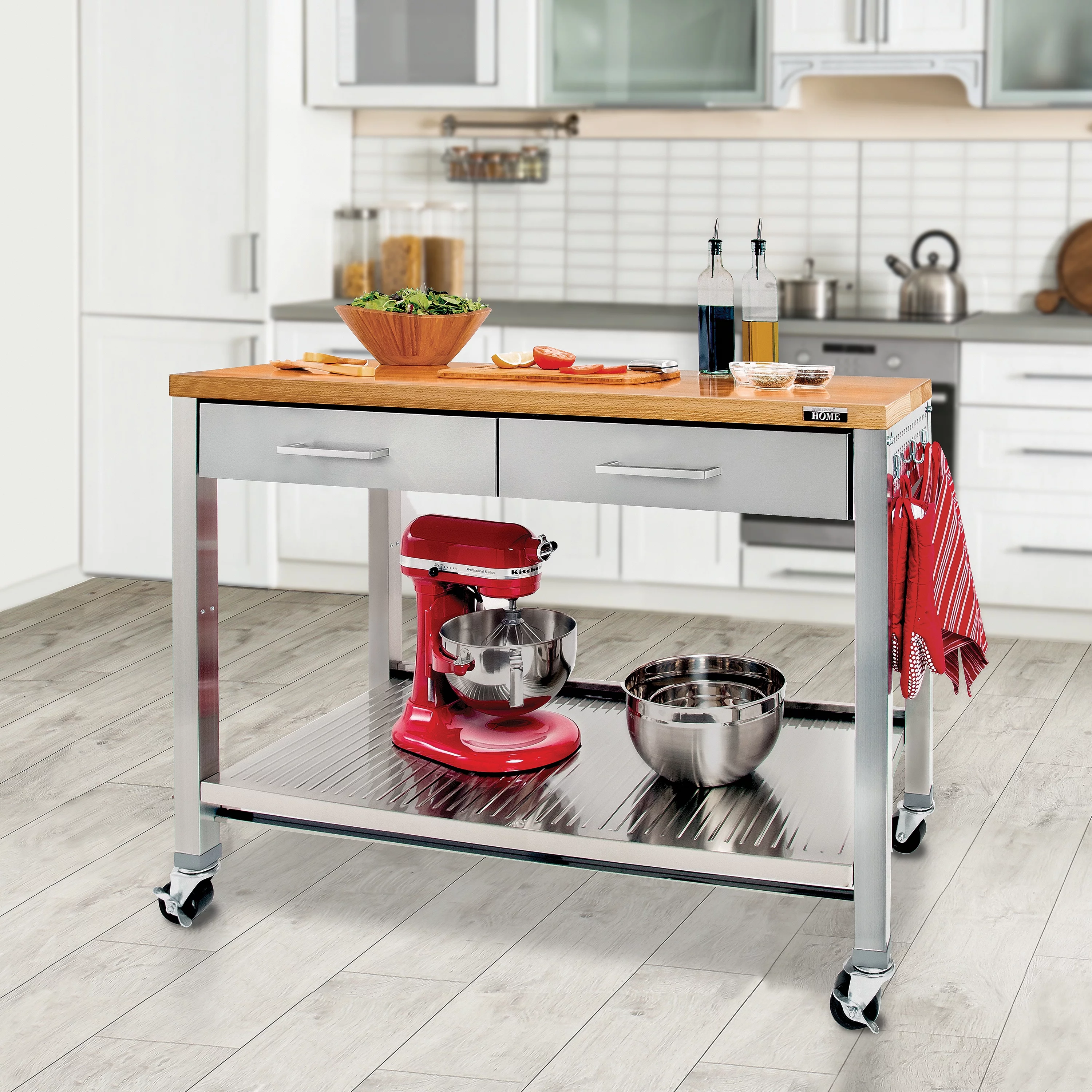 Seville Classics UltraHD Stainless Steel Workcenter Professional Kitchen Island, 2-Drawer, Peg Boards, Steel, Solid Wood Top