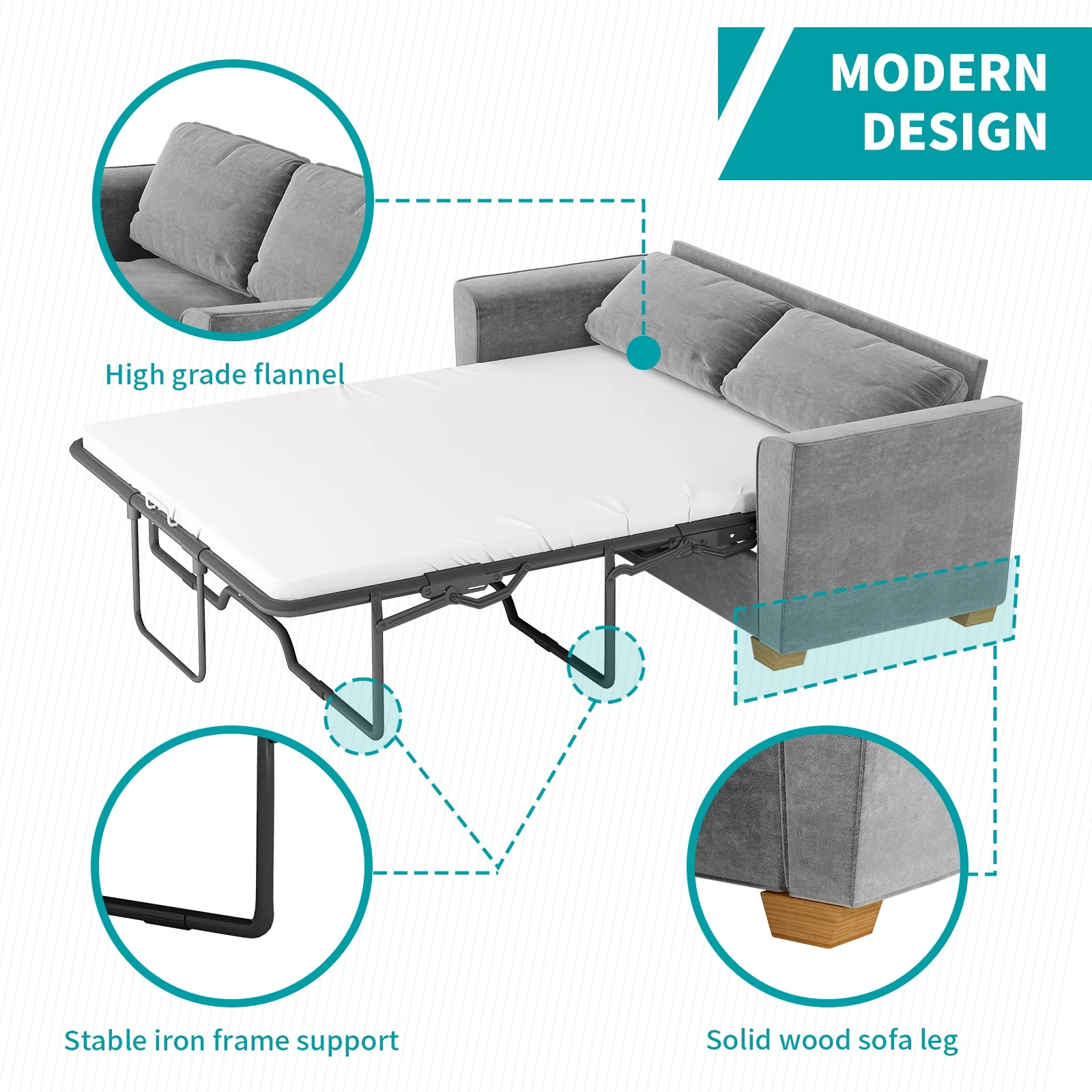 MUZZ Full Size Pull Out Sofa Bed, Velvet Sofa Couvh with Pull Out Bed, Sleeper Sofa Couch with Foam Mattress, 2-in-1 Sleeper Couch Bed for Living Room/Apartment/Small Spaces (Grey)