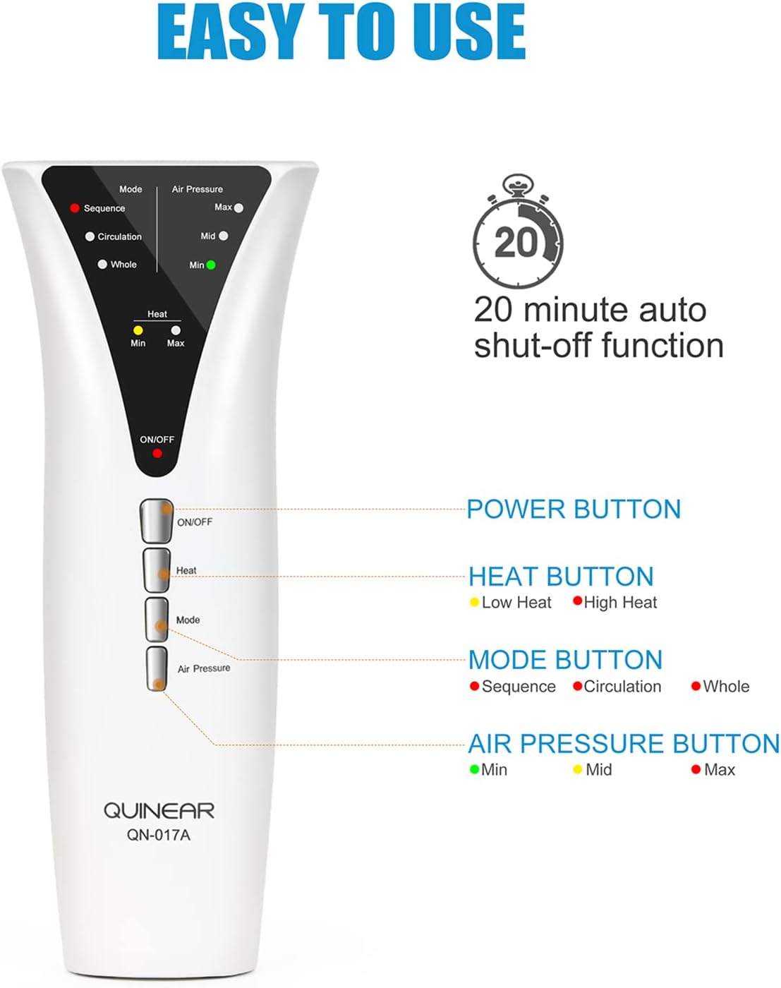 QUINEAR Leg Massager with Heat and Air Compression, Calf Massager with 3 Modes 3 Intensities 2 Heating for Circulation and Pain Relief