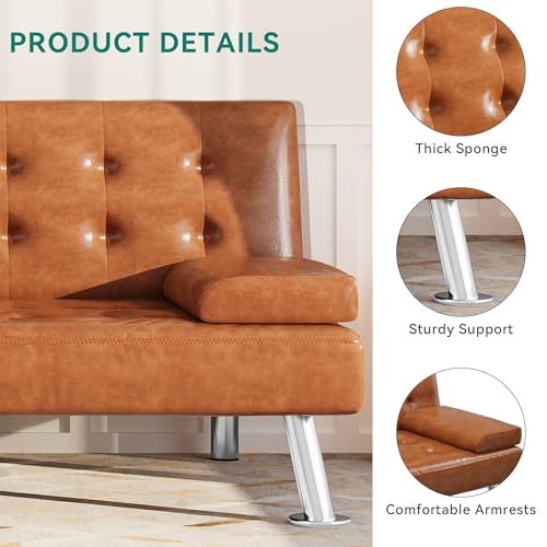 DWVO Futon Sofa Bed, Modern Folding Futon Set, Faux Leather Upholstered Modern Convertible Folding Futon Couch with Removable Armrests, Adjustable Loveseat with 2 Cup Holders for Living Room, Black