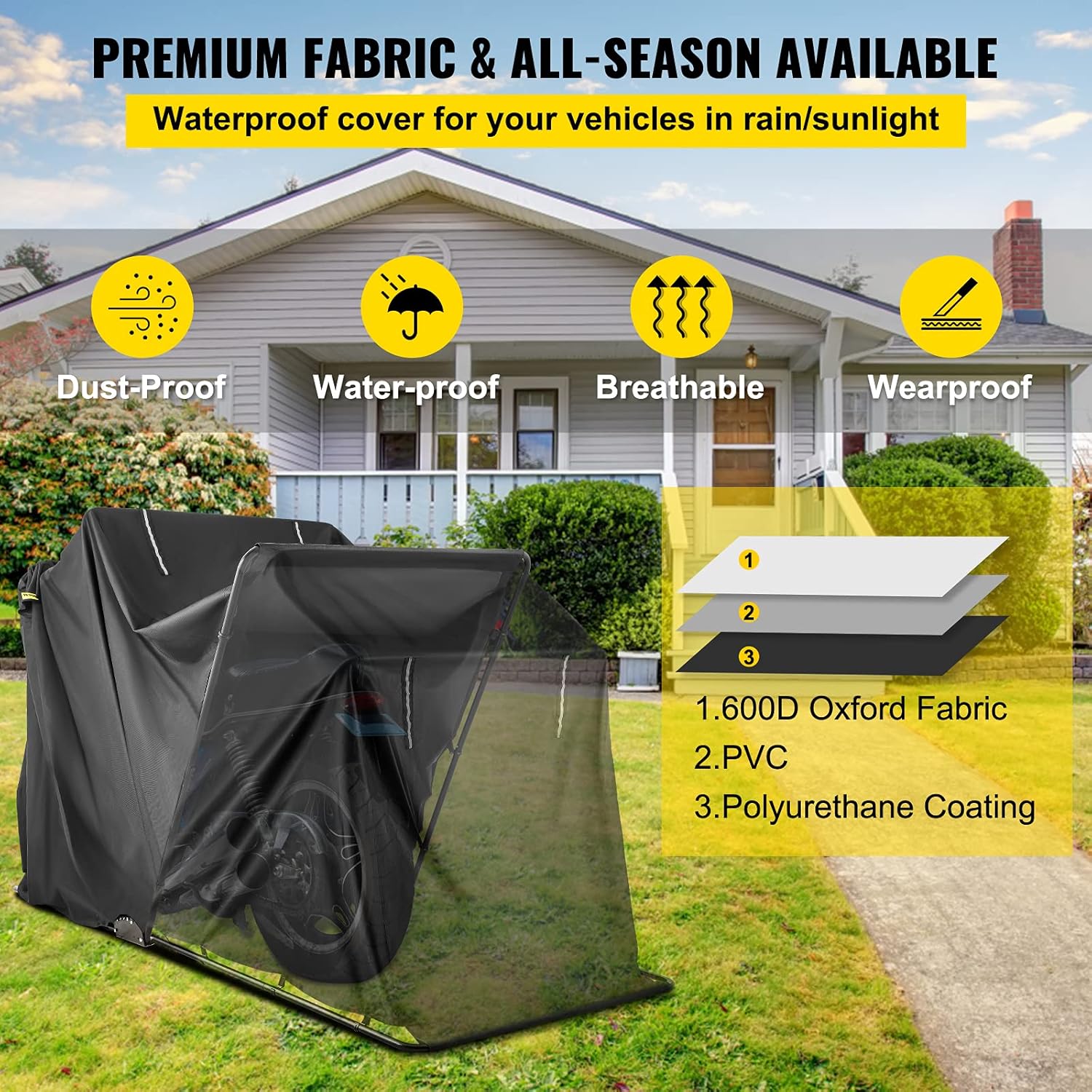 VEVOR Waterproof Motorcycle Cover,Motorcycle Shelter,Heavy Duty Motorcycle Shelter Shed, 600D Oxford Motorbike Shed Anti-UV, 106.3"x41.3"x61" Black Shelter Storage Garage Tent w/Lock & Weight Bag