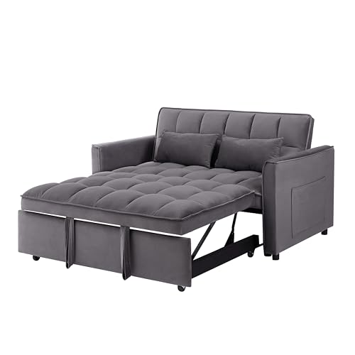 LUMISOL 3 in 1 Sleeper Sofa Couch Bed with Pillows, 55.1” Velvet Convertible Double Sofa Bed with Adjustable Back and Storage Packets, Pull Out 2-Seater Sleeper for Living Room, Blue