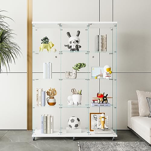Large Glass Display Cabinet with 12 Glass Shelves and Double Doors, Modern 4-Tier Curio Cabinets with Wheels and Lock, Floor Standing Bookshelf Display Case, Black