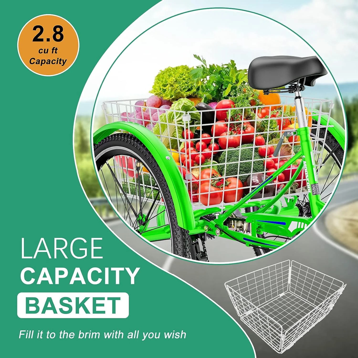 FICISOG 26 Adult Tricycle, 3 Wheel 7 Speed Bikes,450lbs Capacity Cruise Trike with Shopping Basket