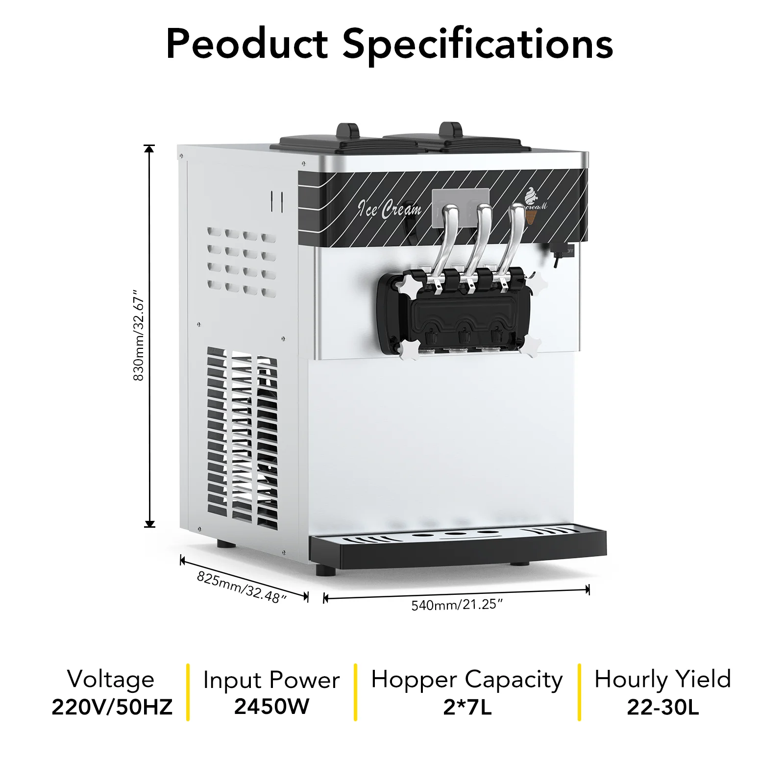 Commercial Soft Serve Ice Cream Machine - 4.7-5.3Gal/H Yield, 3 Flavor Countertop, with 2 * 7L Hoppers & 2 * 1.8L Cylinders - for Restaurants, Snack Bars, Café, Supermarkets