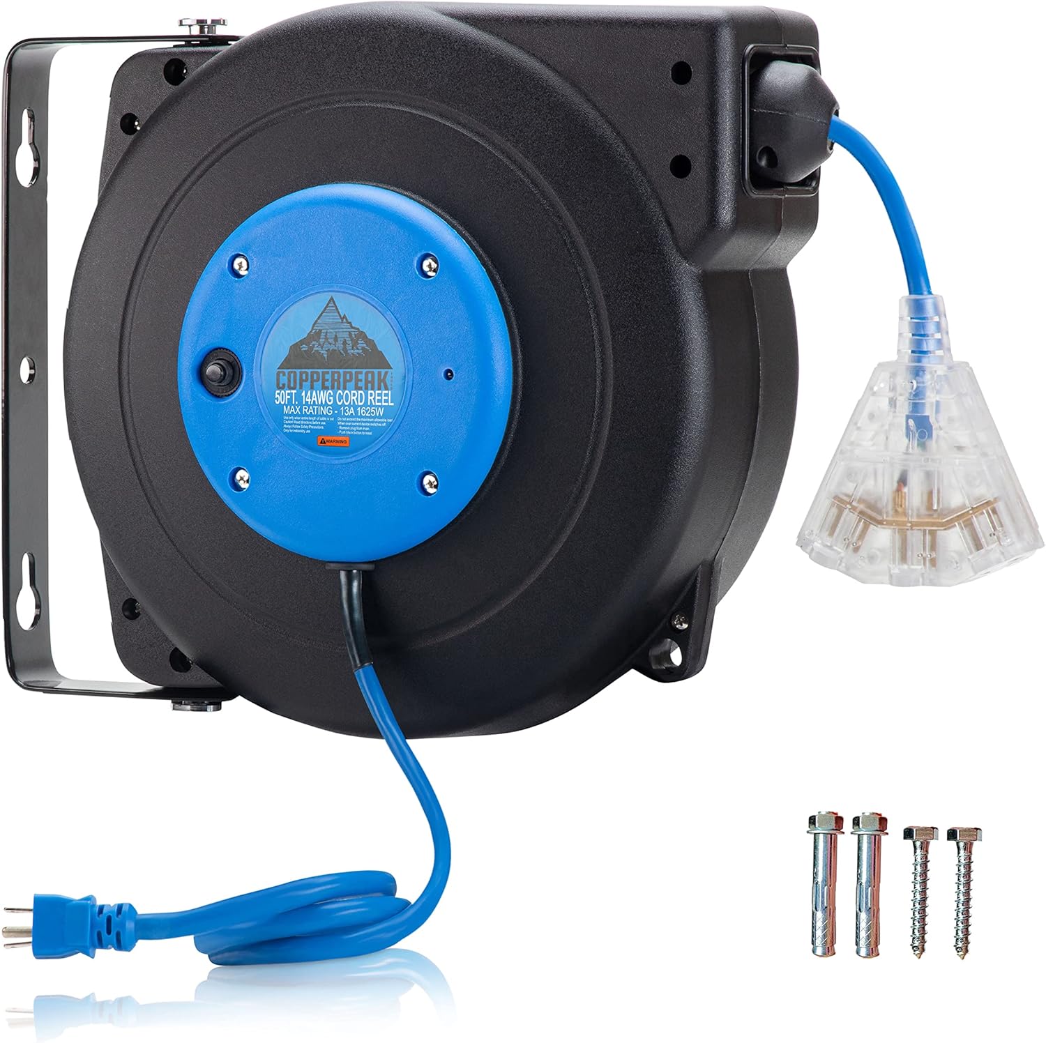 CopperPeak 50 ft Retractable Extension Cord Reel - Ceiling or Wall Mount - 14 gauge - Blue and Black