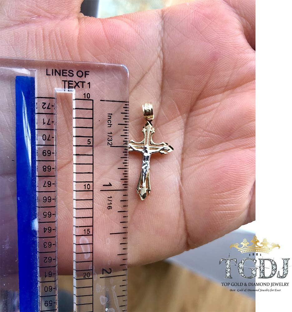 14K Real Gold Two Tone Linear Jesus Cross Pendant - 25x16 MM Crucifix Charm Necklace Pendant - Great Gift for Men & Women