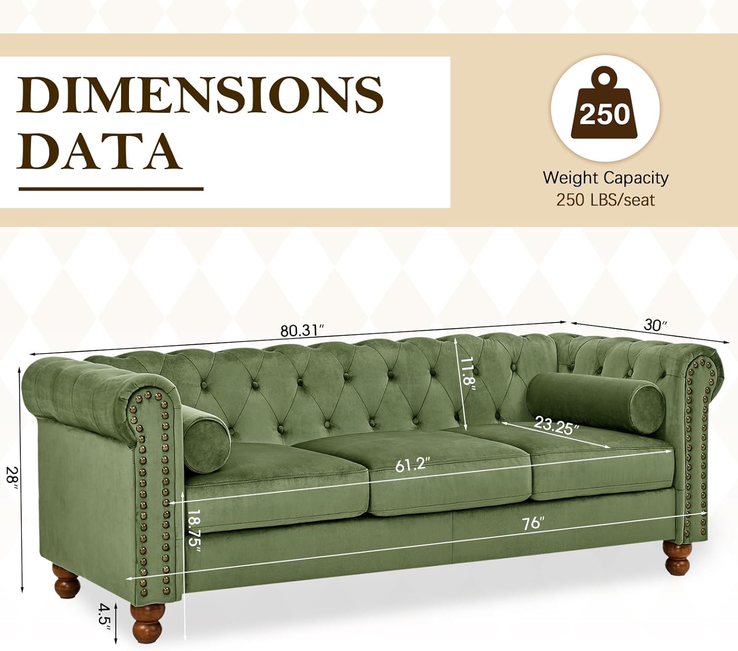 Antetek 3 Seater Couch, 80" Classic Upholstered Chesterfield Sofa, Button Tufted Velvet Couch with Deep Seat for Living Room, Farmhouse, Green