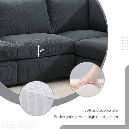 93 Inch L Sectional Sofa Corner Couch with 2 Movable Ottomans Set Reversible Symmetric L Shape – 5-Seat Armless Modern Design for Living Room, Home Office Dark Grey Corduroy