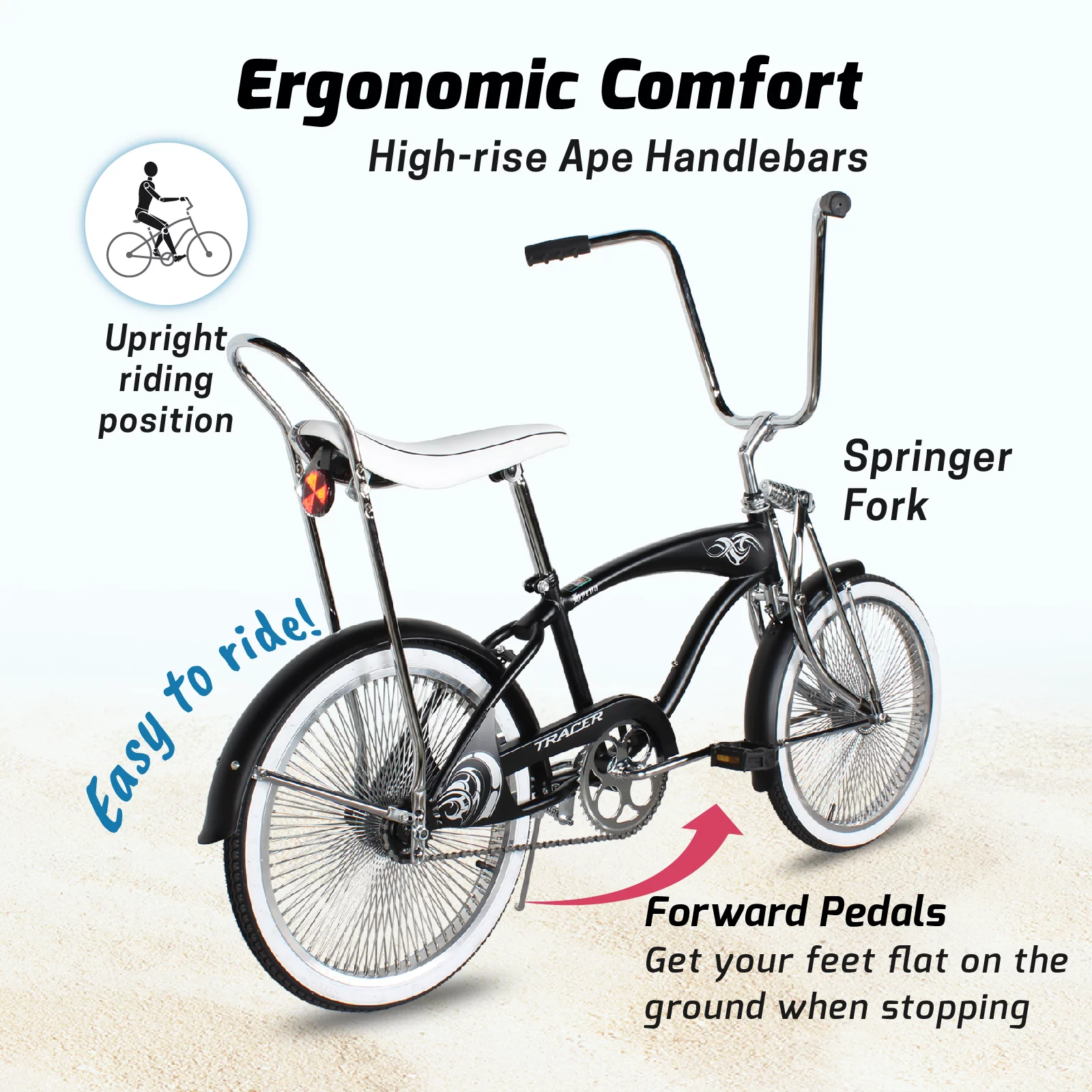 Tracer Hyena Classic Beach Cruiser Bike, City Bike, Lowrider Springer Fork Bike Retro Banana Seat,High Rise Handlebar, Coaster Brakes, 20 inch Wheels, 20X1.75 Fat Tire Matte Black