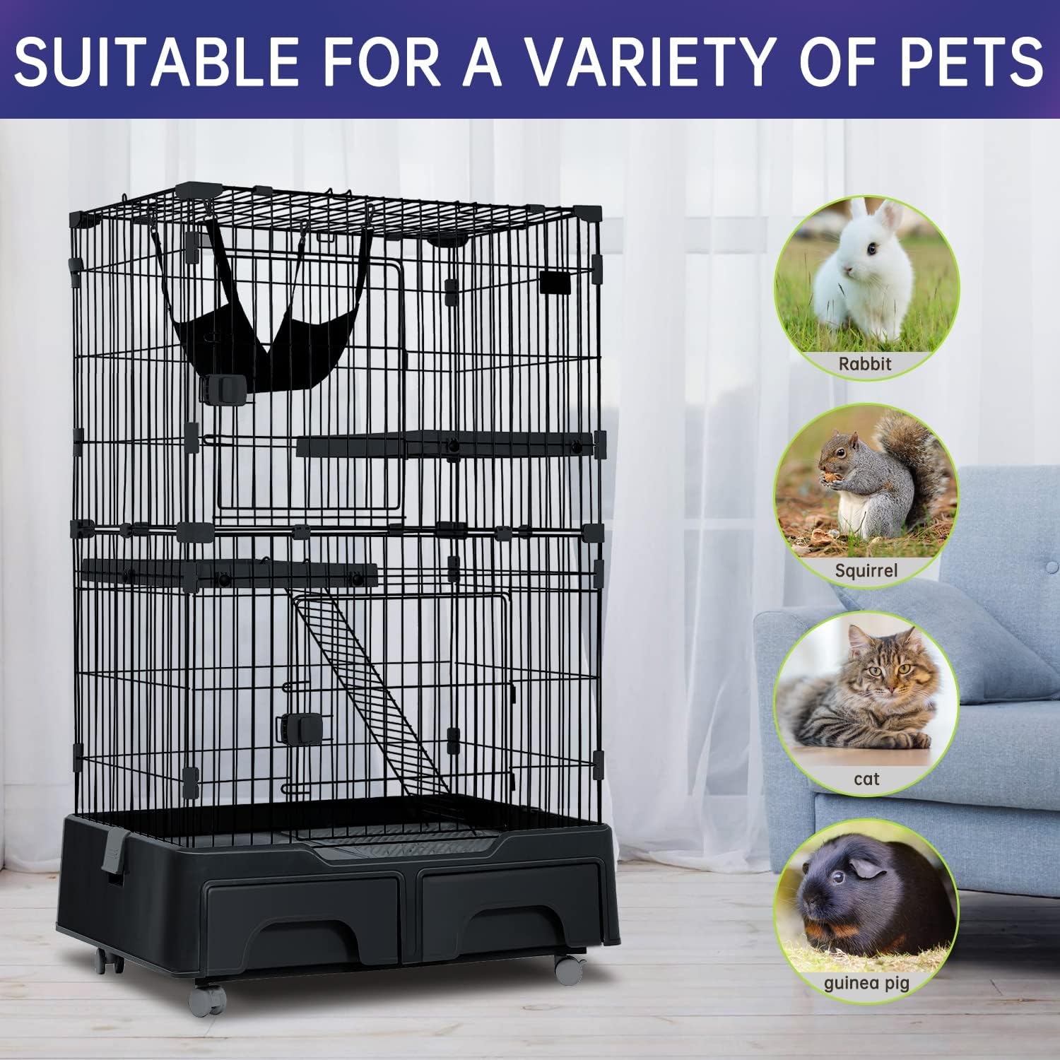 52 Inch Cat Cage Large Metal Wire Crate Cat Kennel Playpen with Litter Box & 2 Front Door & Ramp Ladders & 2 Resting Platforms Beds Tray Cage for Indoor