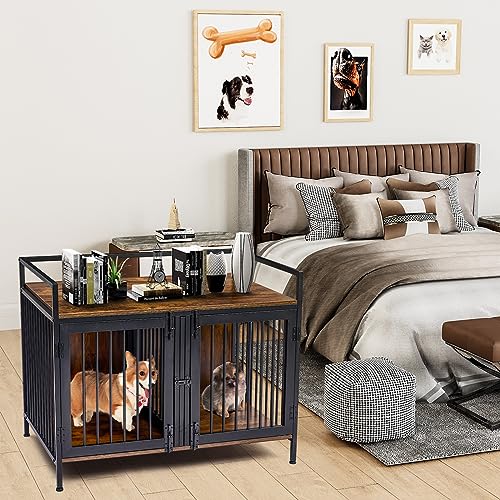 2 Rooms Dog Crate Furniture with Divider,39" Heavy Duty Dog Crate Table, Indoor Dog Kennel,Dog House,Dog Cage,TV Stand 38.9”Wx26.9”Dx21.1”H
