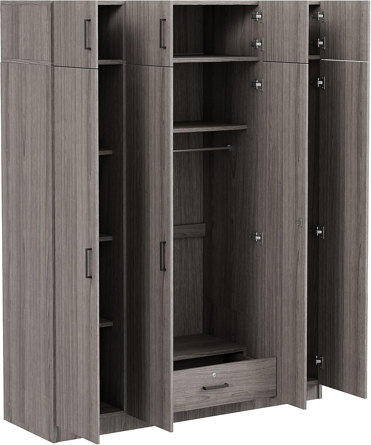 4-Door Armoire Wardrobe with Drawer and Top Cabinet, Storage Organizer w/Shelves & Clothing Rods, 80.8" H Wooden Freestanding Closet for Bedroom, Gray