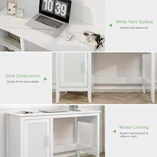 47" Executive Desk,Farmhouse Computer Desk with Drawers and Cabinet，Wood Home Office Desk，Rattan Wicker Desk for Bedroom, White