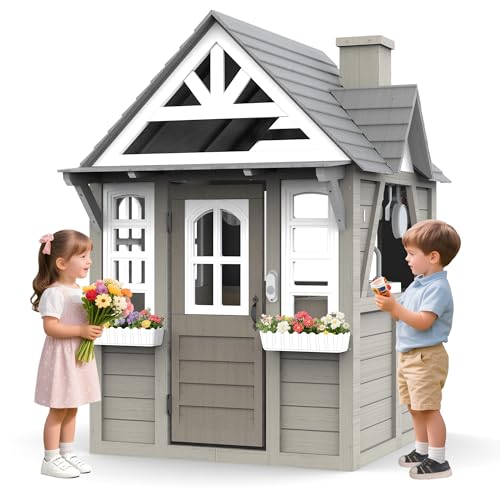 Kids Outdoor Playhouse,Cedar Gray Wooden Play House for Kids Ages 3-8, with Play Kitchen, Interactive Doorbell, Toy Phone, Sink, Flowerpot