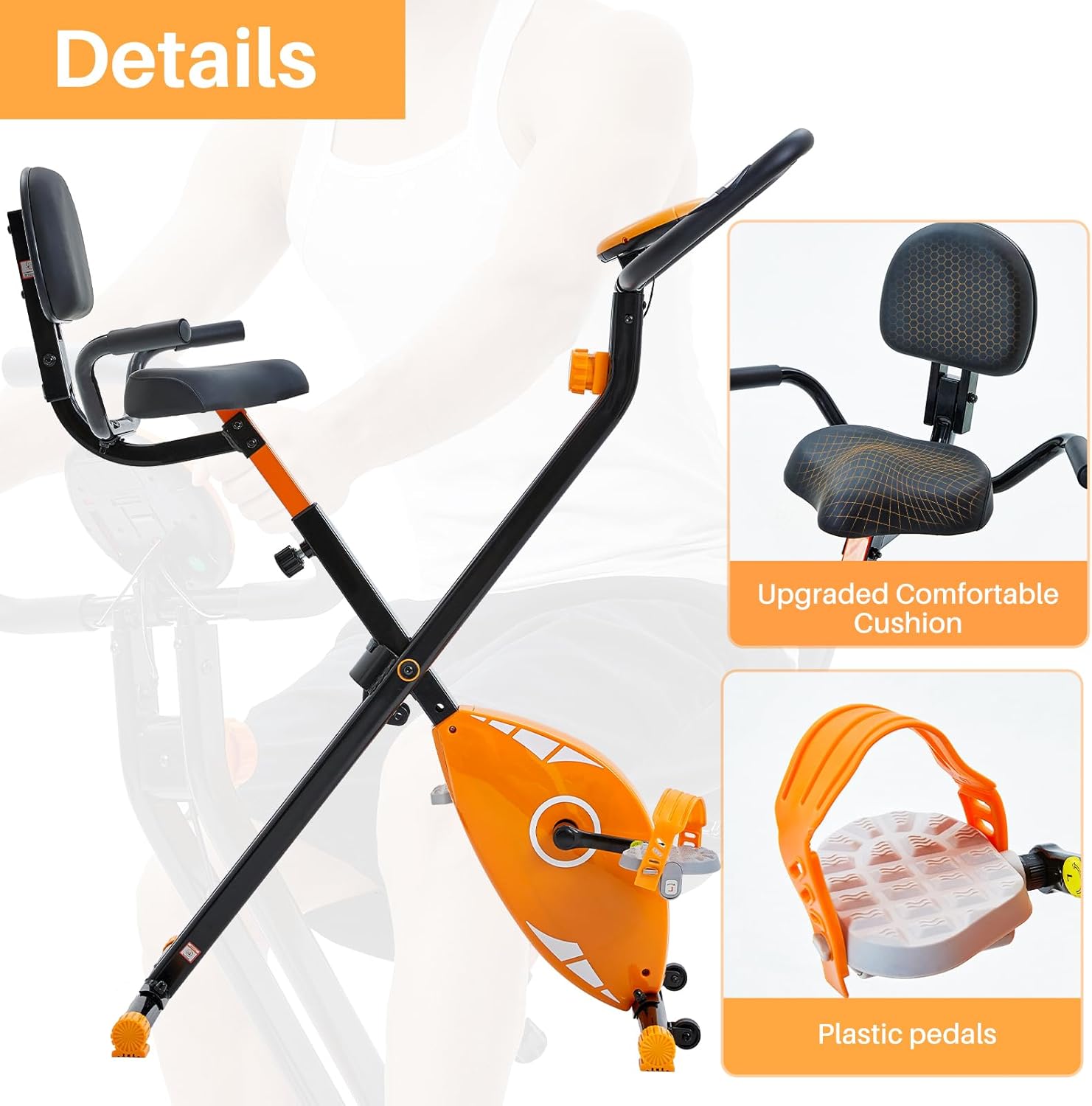 FULLFIT Folding Exercise Bike, Foldable Fitness Stationary Bike Machine, Upright Indoor Cycling Bike, Magnetic X-Bike Adjustable Resistance, Bottle Holder & Back Support Cushion for Home Gym