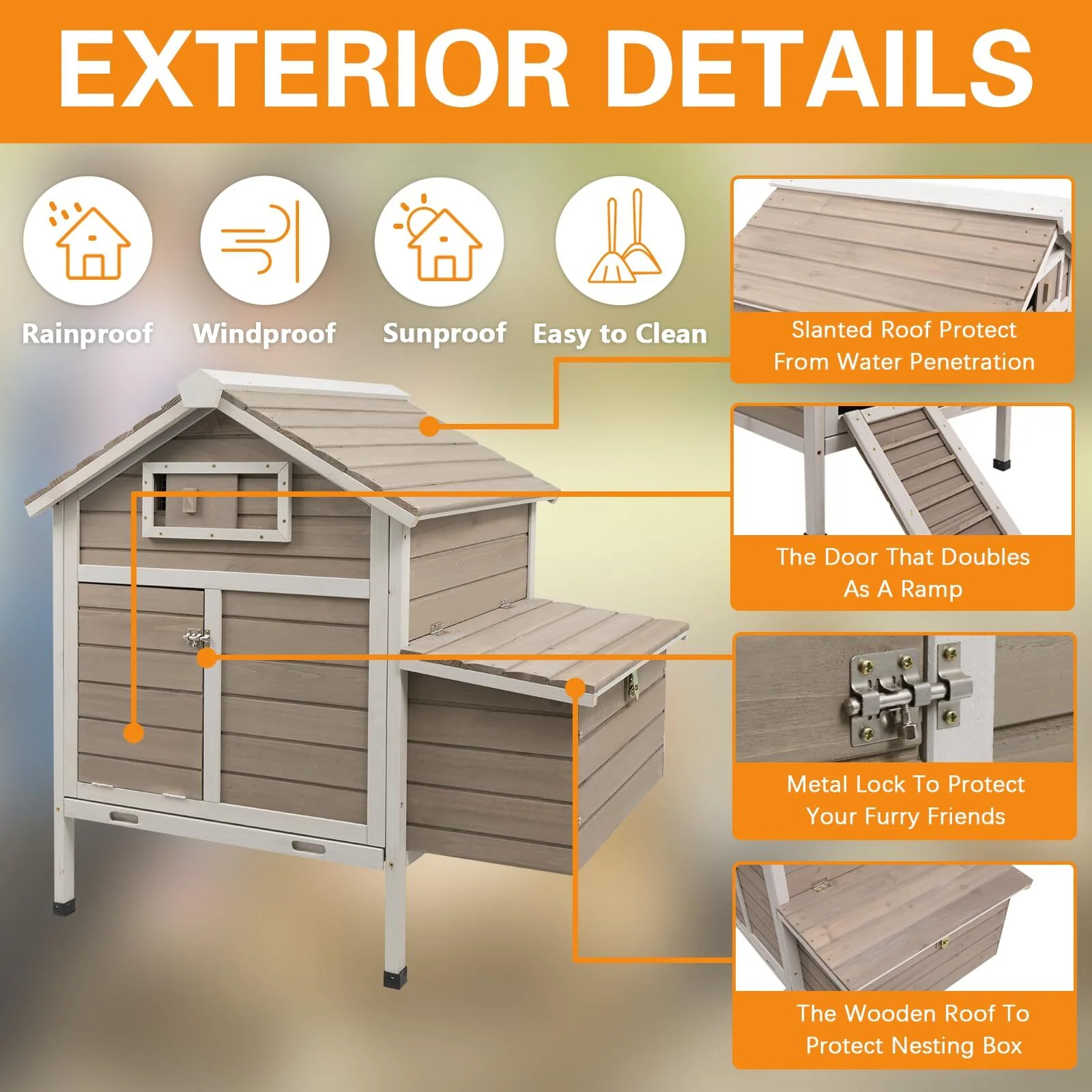 PETSCOSSET Chicken Coop Rabbit Hutch with Removable Trays,Raised Floor Hen House with Nesting Box,Wooden Outdoor Poultry Cage Pet House with Ramp Run Hen Cage for Garden Backyard,Grey