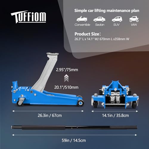 TUFFIOM Low Profile Floor Jack, Heavy Duty Jack with Dual Pistons Quick Lift Pump for Cars & SUVs, Lifting Range 2-19/20" to 20-1/10", Orange