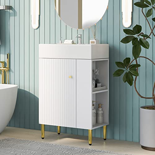 22" Small Bathroom Vanity with Sink, Bathroom Vanity Cabinet with Ceramic Vessel Sink Left Side Storage, Single Sink Vanity with Top, Freestanding Bathroom Sink and Cabinet Combo Set, White