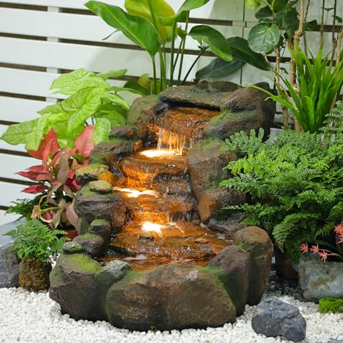 Garden Water Fountains outdoor Floor Standing, 3 Tier Rock Waterfall Fountain with LED Lights and Pump for Garden, Patio, Backyard, Deck, Porch and Home Art Deco, 56.3" Very Tall
