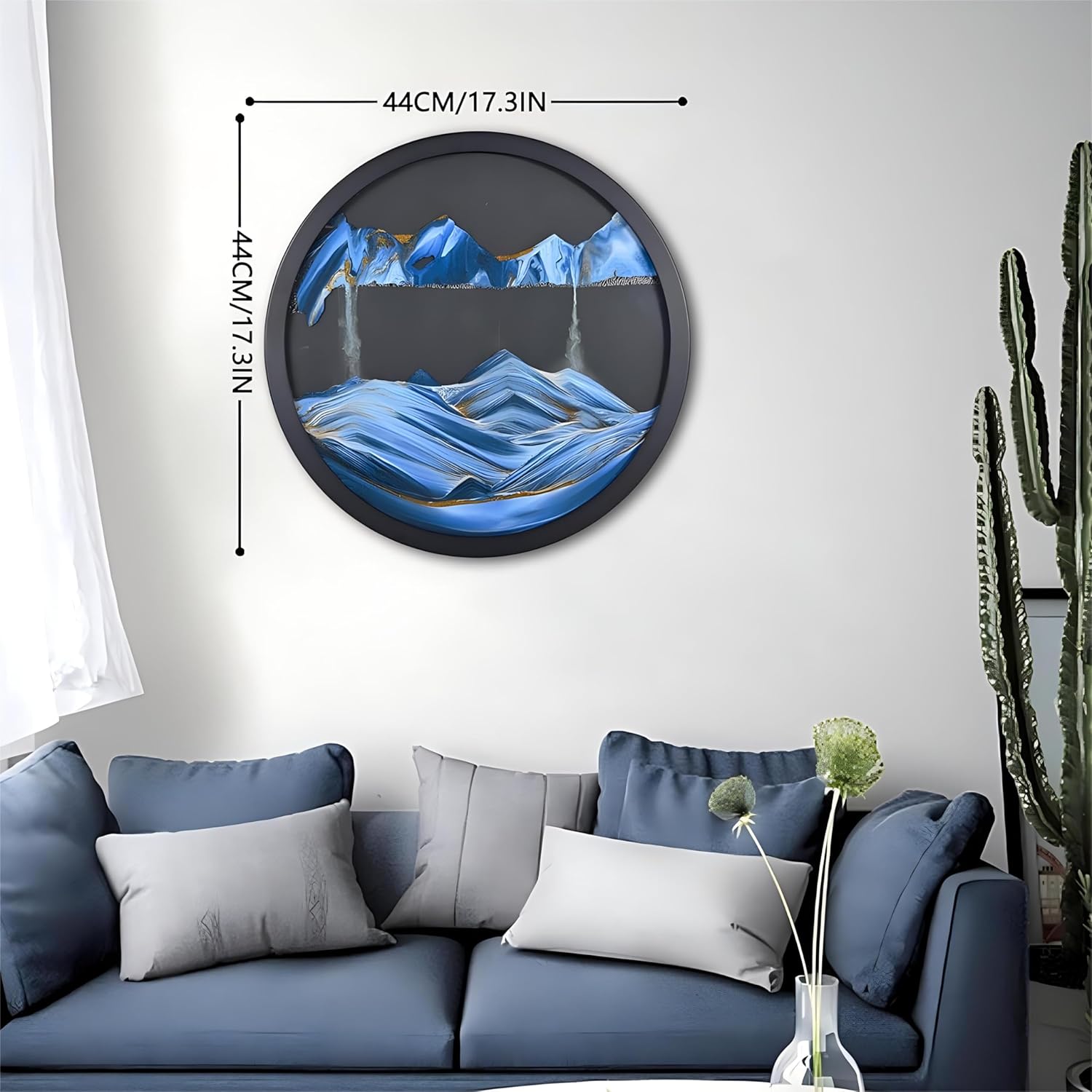 23.6'' Moving Sand Art Decor, Sand Art Wall Mounted Rotate Sculpture, Wall Art Deep Sea Sandscape, Glass Crafts Solid Wood Frame, Relaxing Mood Home Office Work Decor (Blue-Black Background)