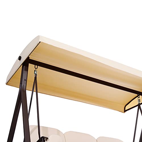 Outsunny 3-Seat Patio Swing Chair, Outdoor Porch Swing Glider with Adjustable Canopy, Removable Cushion, Pillows and Side Trays, for Garden, Poolside, Backyard, Brown