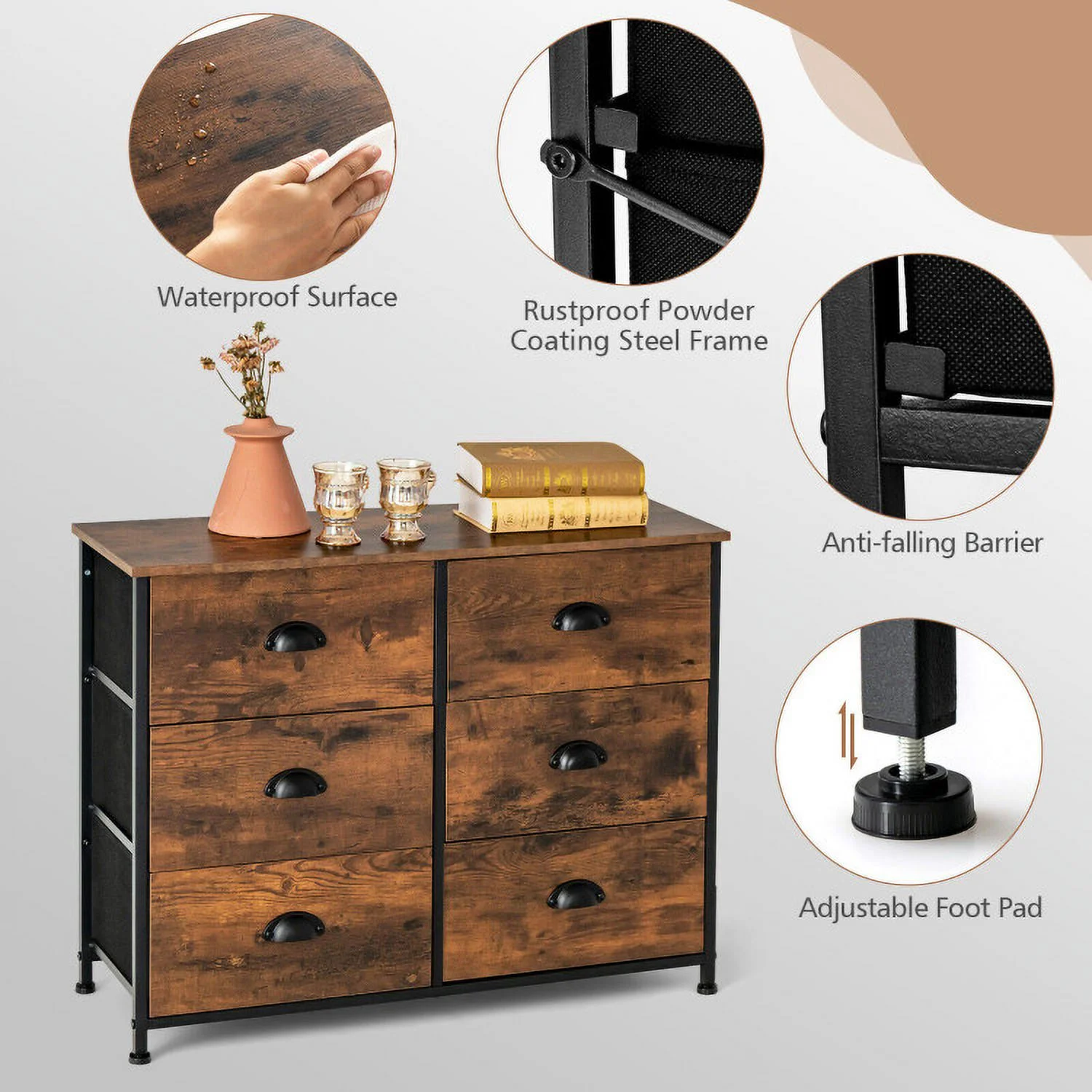 6 Drawer Dresser for Bedroom, Chests of Drawers, Fabric Vertical Dresser Storage Tower, Brown
