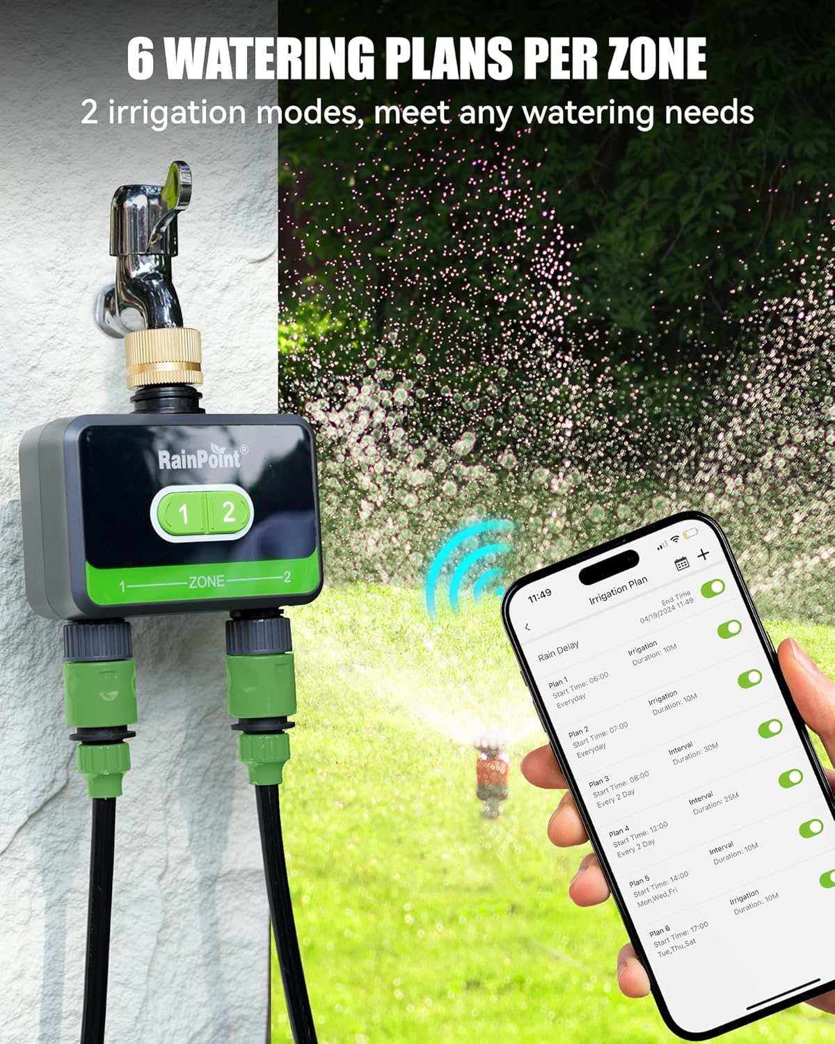 RAINPOINT Smart Water Timer for Garden Hose with Brass Inlet, Bluetooth Sprinkler Timer 2 Outlet