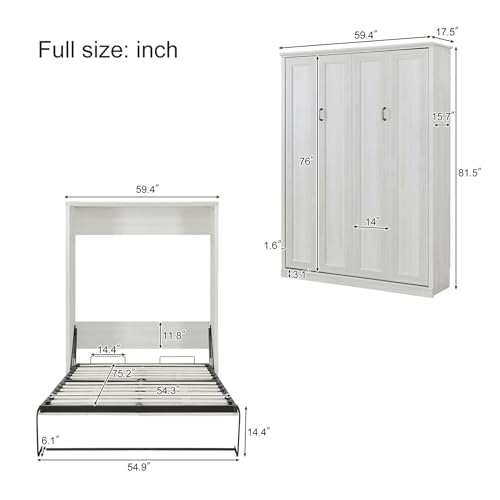 Queen Size Murphy Bed, Solid Wood Wall Cabinet Bed with Shelves, Folding Wall Bed Space-Saving Furniture Bed Frame for Guest Room, Bed Room, Study, Home Office, Rustic White Queen Size